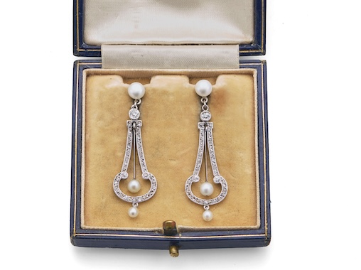 A Pair of Antique Early 20th Century Natural Pearl and Diamond Drop Pendant Earrings